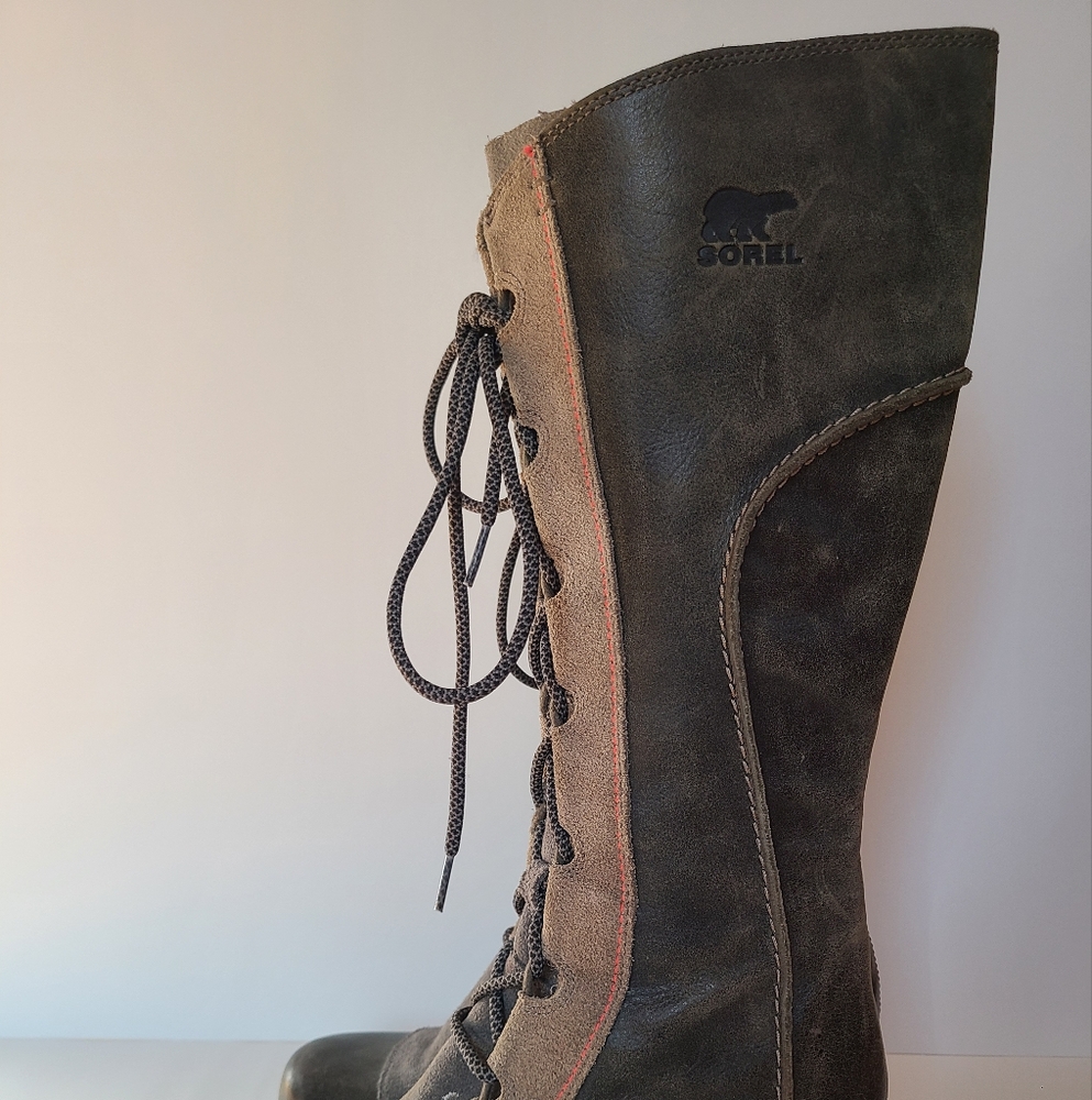 Sorel Cate The Great Wedge Tall Stylish Lace-Up Boots with Red Stitching - Picture 2 of 14